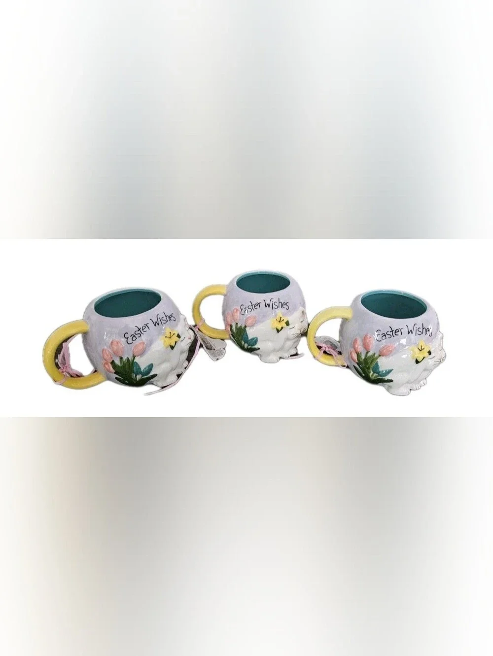 Blue Sky Clayworks Easter Wishes Bunny Rabbit Mug Set of 3 NWT Spring Decor.
